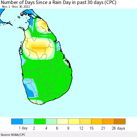Sri Lanka Number of Days Since a Rain Day in past 30 days (CPC) Thematic Map For 11/26/2022 - 11/30/2022