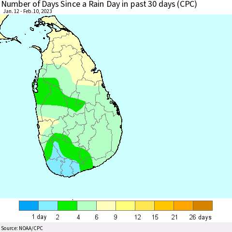Sri Lanka Number of Days Since a Rain Day in past 30 days (CPC) Thematic Map For 2/6/2023 - 2/10/2023