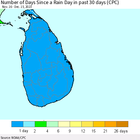Sri Lanka Number of Days Since a Rain Day in past 30 days (CPC) Thematic Map For 12/11/2023 - 12/15/2023
