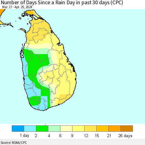 Sri Lanka Number of Days Since a Rain Day in past 30 days (CPC) Thematic Map For 4/21/2024 - 4/25/2024