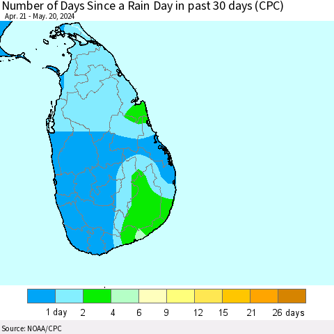 Sri Lanka Number of Days Since a Rain Day in past 30 days (CPC) Thematic Map For 5/16/2024 - 5/20/2024