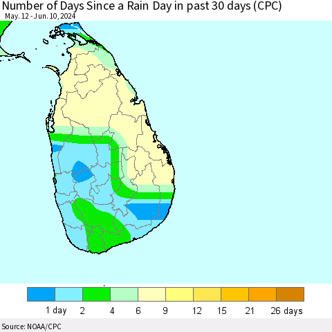 Sri Lanka Number of Days Since a Rain Day in past 30 days (CPC) Thematic Map For 6/6/2024 - 6/10/2024