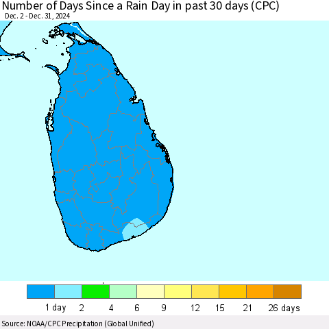 Sri Lanka Number of Days Since a Rain Day in past 30 days (CPC) Thematic Map For 12/26/2024 - 12/31/2024