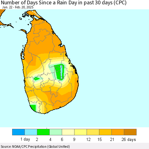 Sri Lanka Number of Days Since a Rain Day in past 30 days (CPC) Thematic Map For 2/16/2025 - 2/20/2025