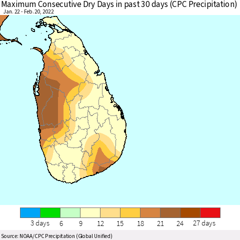 Sri Lanka Maximum Consecutive Dry Days in past 30 days (CPC Precipitation) Thematic Map For 2/16/2022 - 2/20/2022