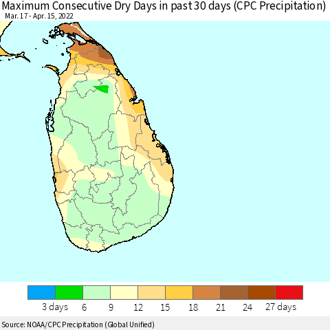 Sri Lanka Maximum Consecutive Dry Days in past 30 days (CPC Precipitation) Thematic Map For 4/11/2022 - 4/15/2022