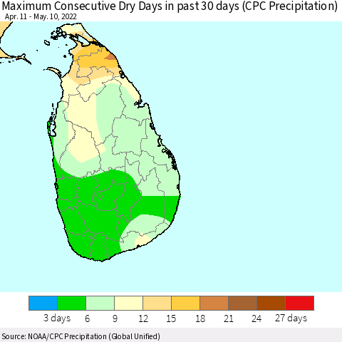 Sri Lanka Maximum Consecutive Dry Days in past 30 days (CPC Precipitation) Thematic Map For 5/6/2022 - 5/10/2022