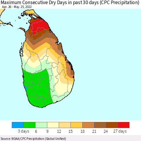 Sri Lanka Maximum Consecutive Dry Days in past 30 days (CPC Precipitation) Thematic Map For 5/21/2022 - 5/25/2022