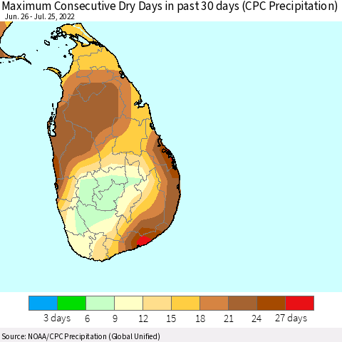 Sri Lanka Maximum Consecutive Dry Days in past 30 days (CPC Precipitation) Thematic Map For 7/21/2022 - 7/25/2022