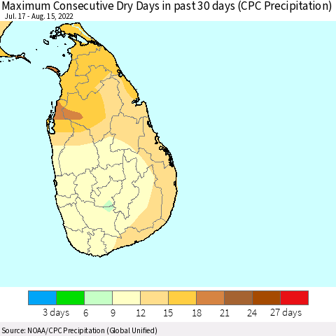 Sri Lanka Maximum Consecutive Dry Days in past 30 days (CPC Precipitation) Thematic Map For 8/11/2022 - 8/15/2022