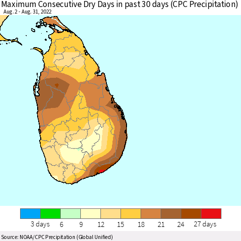 Sri Lanka Maximum Consecutive Dry Days in past 30 days (CPC Precipitation) Thematic Map For 8/26/2022 - 8/31/2022