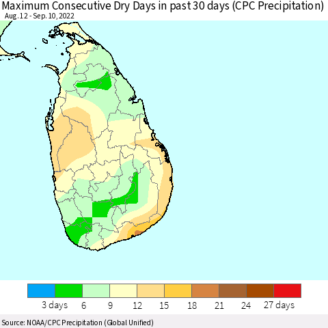 Sri Lanka Maximum Consecutive Dry Days in past 30 days (CPC Precipitation) Thematic Map For 9/6/2022 - 9/10/2022