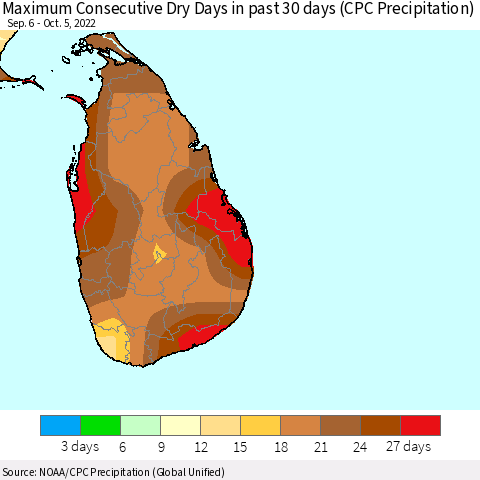 Sri Lanka Maximum Consecutive Dry Days in past 30 days (CPC Precipitation) Thematic Map For 10/1/2022 - 10/5/2022