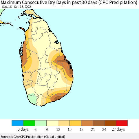 Sri Lanka Maximum Consecutive Dry Days in past 30 days (CPC Precipitation) Thematic Map For 10/11/2022 - 10/15/2022