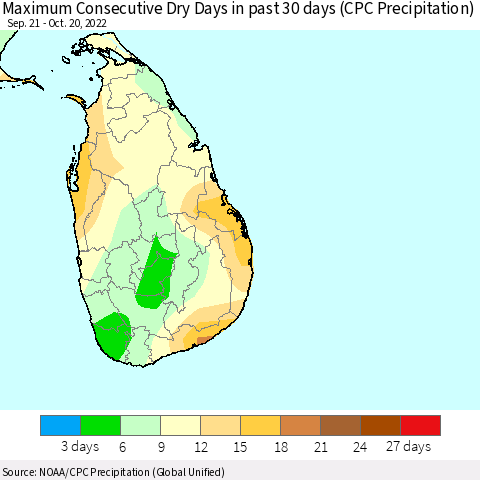 Sri Lanka Maximum Consecutive Dry Days in past 30 days (CPC Precipitation) Thematic Map For 10/16/2022 - 10/20/2022