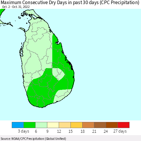 Sri Lanka Maximum Consecutive Dry Days in past 30 days (CPC Precipitation) Thematic Map For 10/26/2022 - 10/31/2022