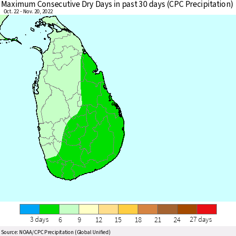Sri Lanka Maximum Consecutive Dry Days in past 30 days (CPC Precipitation) Thematic Map For 11/16/2022 - 11/20/2022