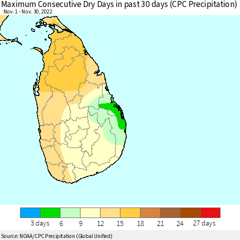 Sri Lanka Maximum Consecutive Dry Days in past 30 days (CPC Precipitation) Thematic Map For 11/26/2022 - 11/30/2022