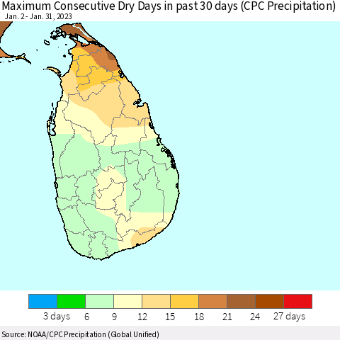 Sri Lanka Maximum Consecutive Dry Days in past 30 days (CPC Precipitation) Thematic Map For 1/26/2023 - 1/31/2023