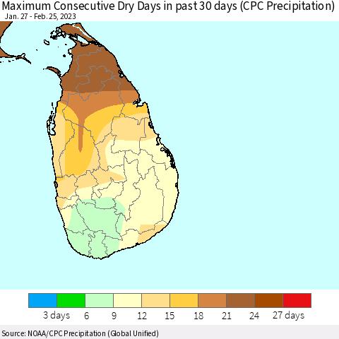 Sri Lanka Maximum Consecutive Dry Days in past 30 days (CPC Precipitation) Thematic Map For 2/21/2023 - 2/25/2023
