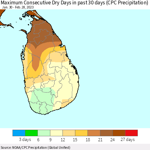 Sri Lanka Maximum Consecutive Dry Days in past 30 days (CPC Precipitation) Thematic Map For 2/26/2023 - 2/28/2023