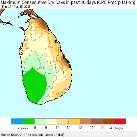 Sri Lanka Maximum Consecutive Dry Days in past 30 days (CPC Precipitation) Thematic Map For 4/11/2023 - 4/15/2023