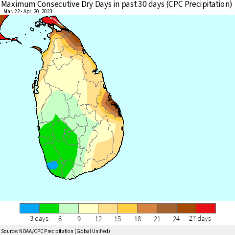 Sri Lanka Maximum Consecutive Dry Days in past 30 days (CPC Precipitation) Thematic Map For 4/16/2023 - 4/20/2023