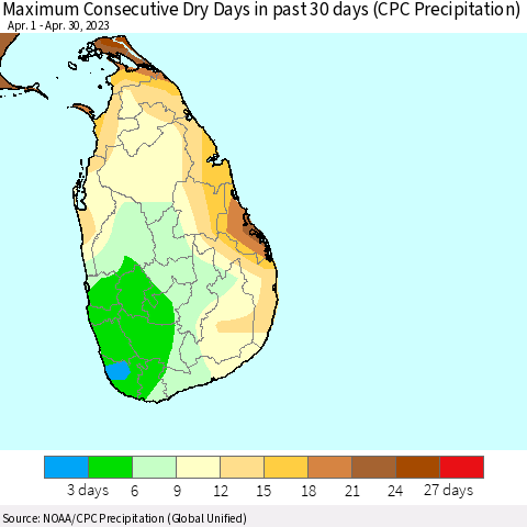 Sri Lanka Maximum Consecutive Dry Days in past 30 days (CPC Precipitation) Thematic Map For 4/26/2023 - 4/30/2023
