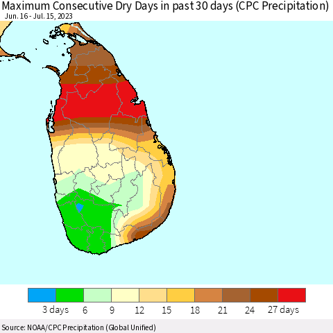 Sri Lanka Maximum Consecutive Dry Days in past 30 days (CPC Precipitation) Thematic Map For 7/11/2023 - 7/15/2023