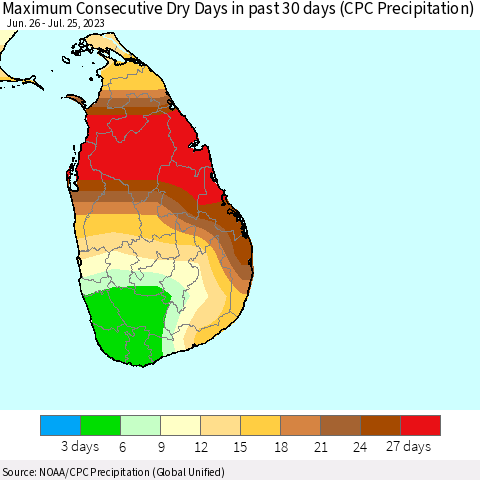 Sri Lanka Maximum Consecutive Dry Days in past 30 days (CPC Precipitation) Thematic Map For 7/21/2023 - 7/25/2023
