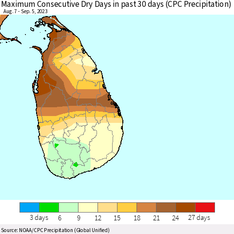 Sri Lanka Maximum Consecutive Dry Days in past 30 days (CPC Precipitation) Thematic Map For 9/1/2023 - 9/5/2023