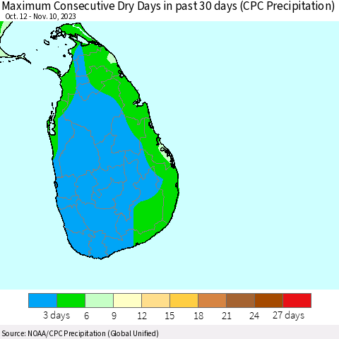 Sri Lanka Maximum Consecutive Dry Days in past 30 days (CPC Precipitation) Thematic Map For 11/6/2023 - 11/10/2023