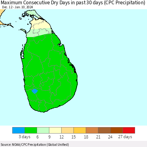 Sri Lanka Maximum Consecutive Dry Days in past 30 days (CPC Precipitation) Thematic Map For 1/6/2024 - 1/10/2024