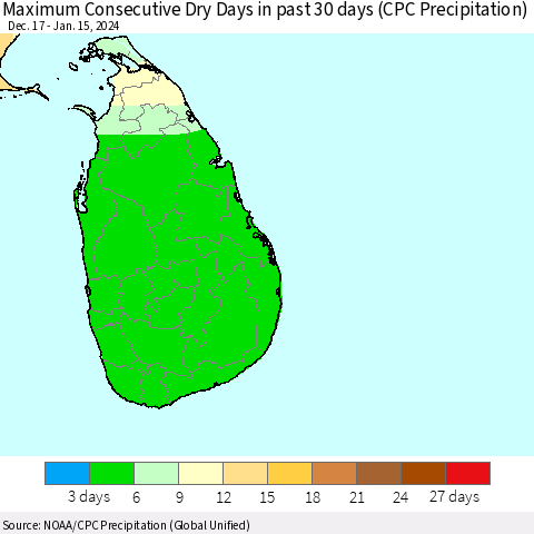 Sri Lanka Maximum Consecutive Dry Days in past 30 days (CPC Precipitation) Thematic Map For 1/11/2024 - 1/15/2024