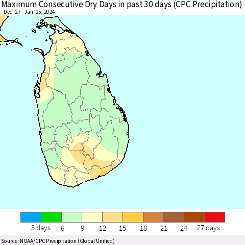 Sri Lanka Maximum Consecutive Dry Days in past 30 days (CPC Precipitation) Thematic Map For 1/21/2024 - 1/25/2024