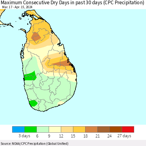 Sri Lanka Maximum Consecutive Dry Days in past 30 days (CPC Precipitation) Thematic Map For 4/11/2024 - 4/15/2024
