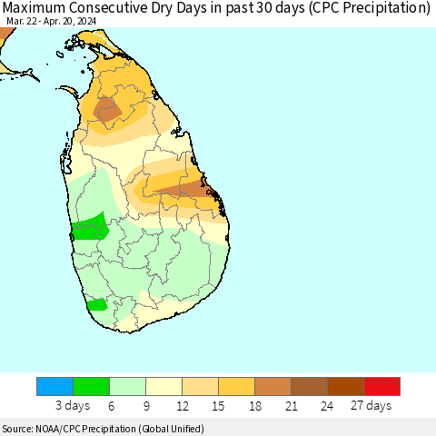 Sri Lanka Maximum Consecutive Dry Days in past 30 days (CPC Precipitation) Thematic Map For 4/16/2024 - 4/20/2024