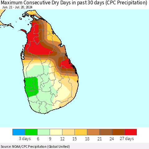 Sri Lanka Maximum Consecutive Dry Days in past 30 days (CPC Precipitation) Thematic Map For 7/16/2024 - 7/20/2024