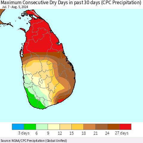 Sri Lanka Maximum Consecutive Dry Days in past 30 days (CPC Precipitation) Thematic Map For 8/1/2024 - 8/5/2024