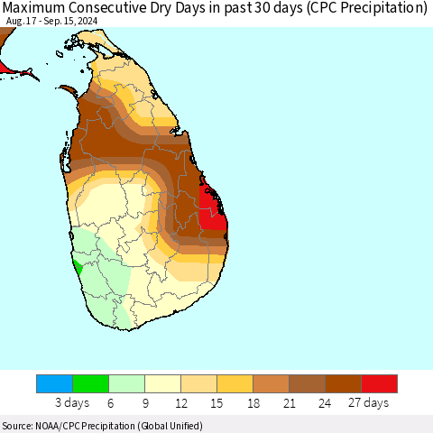 Sri Lanka Maximum Consecutive Dry Days in past 30 days (CPC Precipitation) Thematic Map For 9/11/2024 - 9/15/2024