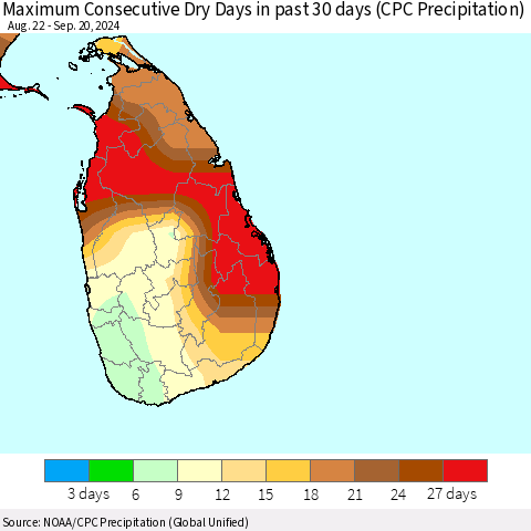Sri Lanka Maximum Consecutive Dry Days in past 30 days (CPC Precipitation) Thematic Map For 9/16/2024 - 9/20/2024