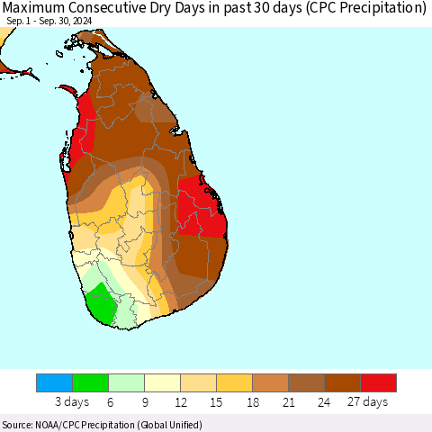 Sri Lanka Maximum Consecutive Dry Days in past 30 days (CPC Precipitation) Thematic Map For 9/26/2024 - 9/30/2024