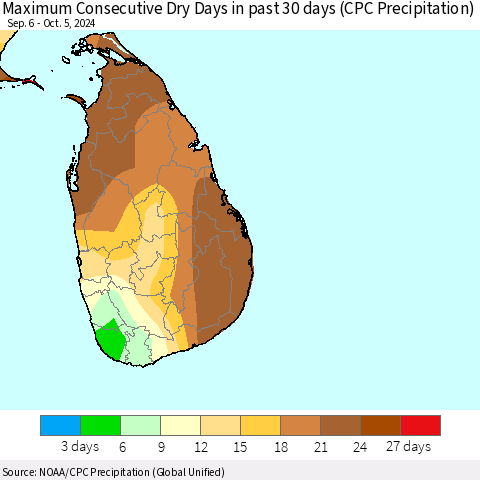 Sri Lanka Maximum Consecutive Dry Days in past 30 days (CPC Precipitation) Thematic Map For 10/1/2024 - 10/5/2024