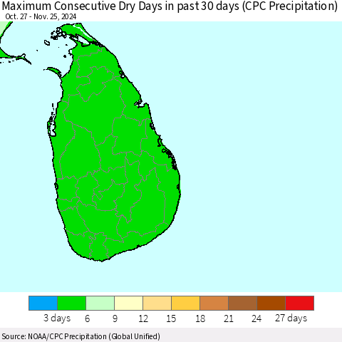 Sri Lanka Maximum Consecutive Dry Days in past 30 days (CPC Precipitation) Thematic Map For 11/21/2024 - 11/25/2024