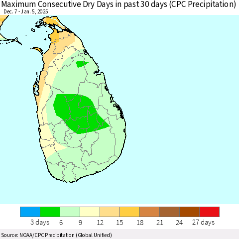 Sri Lanka Maximum Consecutive Dry Days in past 30 days (CPC Precipitation) Thematic Map For 1/1/2025 - 1/5/2025