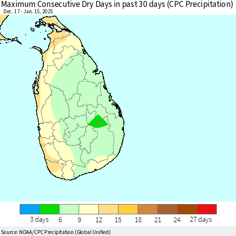 Sri Lanka Maximum Consecutive Dry Days in past 30 days (CPC Precipitation) Thematic Map For 1/11/2025 - 1/15/2025