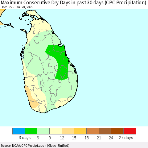 Sri Lanka Maximum Consecutive Dry Days in past 30 days (CPC Precipitation) Thematic Map For 1/16/2025 - 1/20/2025
