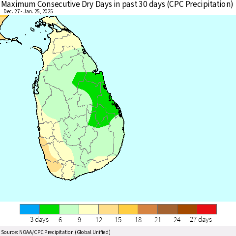 Sri Lanka Maximum Consecutive Dry Days in past 30 days (CPC Precipitation) Thematic Map For 1/21/2025 - 1/25/2025