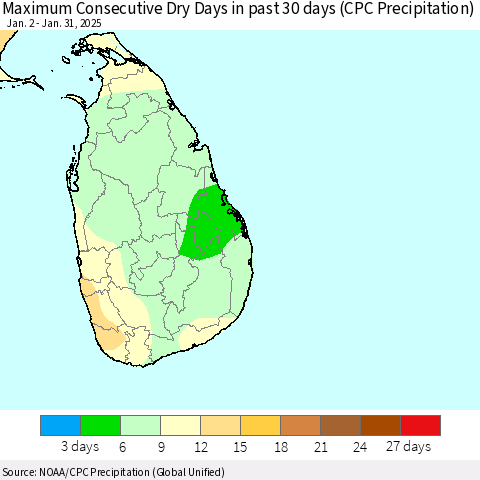 Sri Lanka Maximum Consecutive Dry Days in past 30 days (CPC Precipitation) Thematic Map For 1/26/2025 - 1/31/2025