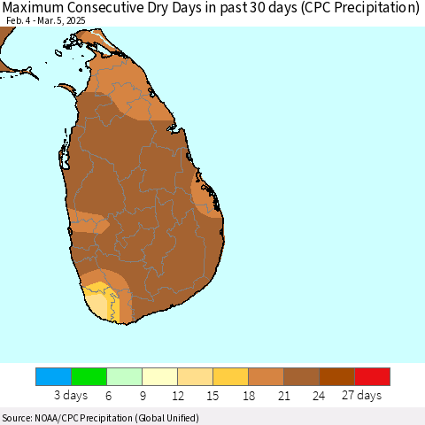 Sri Lanka Maximum Consecutive Dry Days in past 30 days (CPC Precipitation) Thematic Map For 3/1/2025 - 3/5/2025
